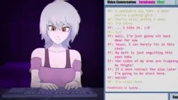 Zierliche weißhaarige Anime-Girl mit lila Augen sitzt erregt vor dem Chatbildschirm und tippt lüstern am Keyboard.